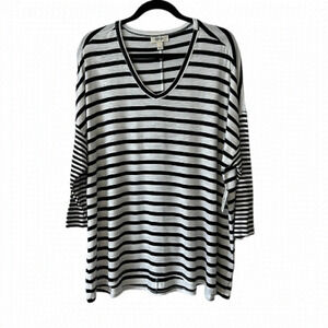 Style & Co. Black & White Striped Shirt 3/4 Sleeve  - Size Large